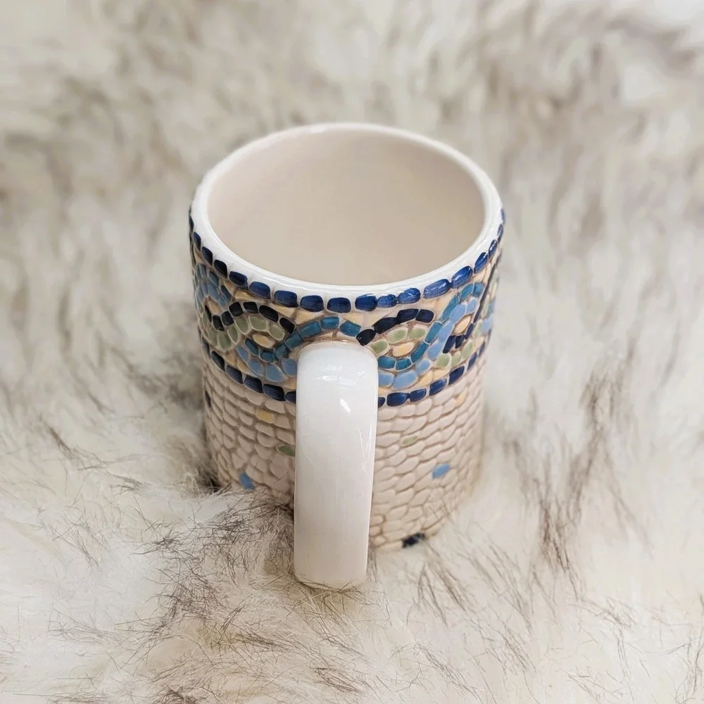 Pottery Barn Mosaic Wave Mug Coffee Cup White Blues Green